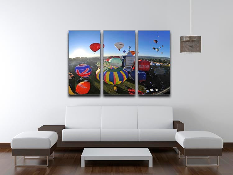 A stunning 3-panel canvas print featuring colorful hot air balloons against a blue sky, perfect for home or office decor.
