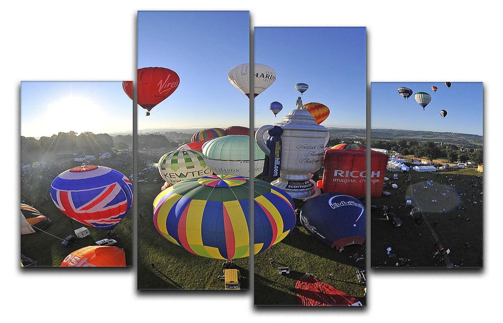A vibrant 4-split canvas artwork featuring colorful hot air balloons over Bristol, creating a dynamic and eye-catching display.
