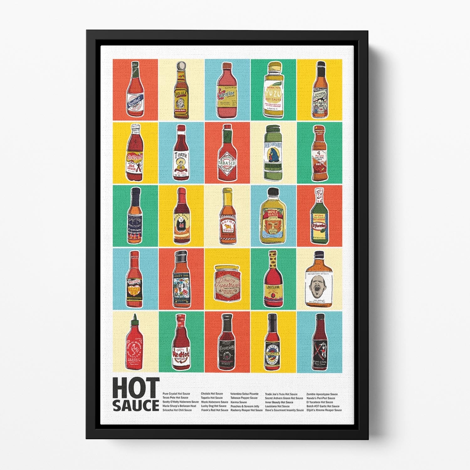 Vibrant Hot Sauce Squares abstract wall art in a floating frame, showcasing bold colors and modern design.