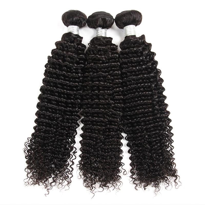 Three bundles of 10A Virgin Brazilian Curly Hair Weave, showcasing natural curls and a double strong weft design.