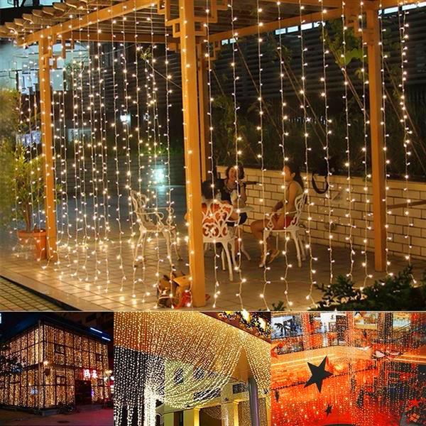 300-LED Warm White Light string lights designed in a curtain style, perfect for romantic wedding and party decorations.