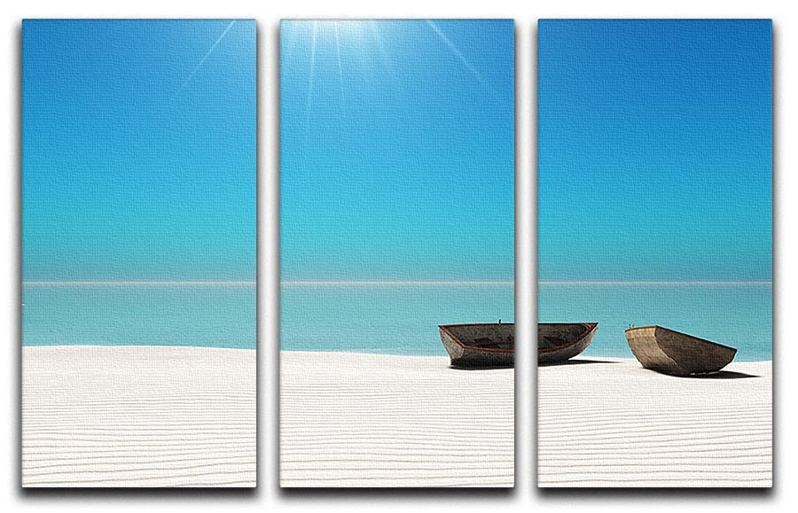 A stunning 3-panel canvas print depicting a vibrant beach scene with a hot sun and white sand, perfect for home decor.