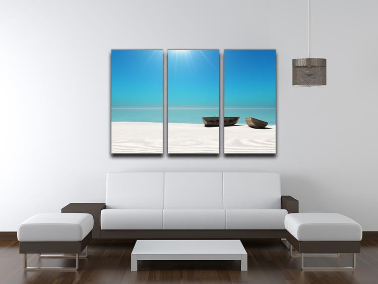 A stunning 3-panel canvas print depicting a vibrant beach scene with a hot sun and white sand, perfect for home decor.