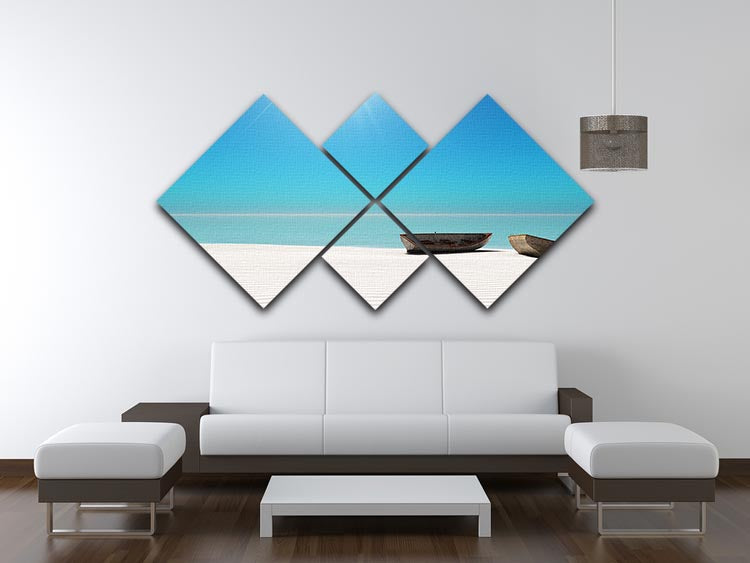 A vibrant 4-square canvas artwork depicting a sunny beach scene with white sand and a bright sun.