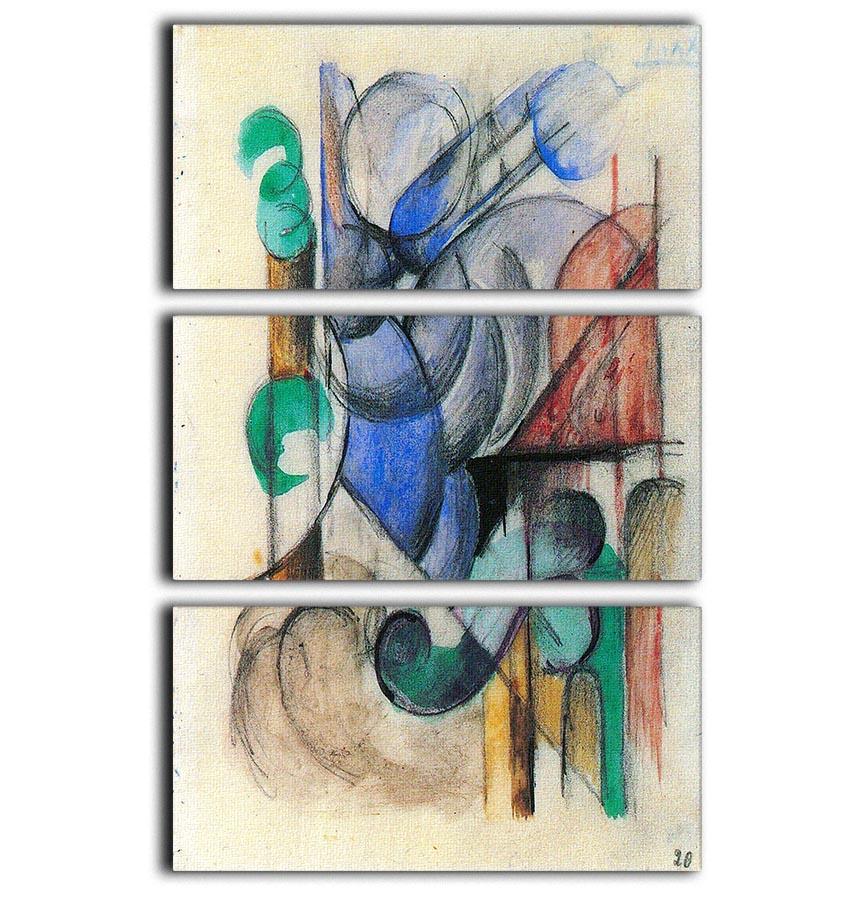 Three-panel canvas print featuring an abstract landscape by Franz Marc, showcasing vibrant colors and dynamic shapes.