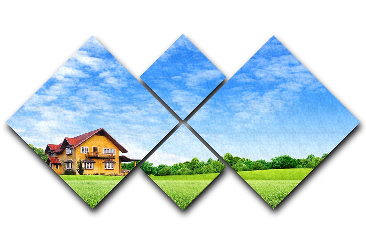 A beautiful 4-square multi panel canvas featuring a house on a lush green field, showcasing vibrant colors and intricate details.