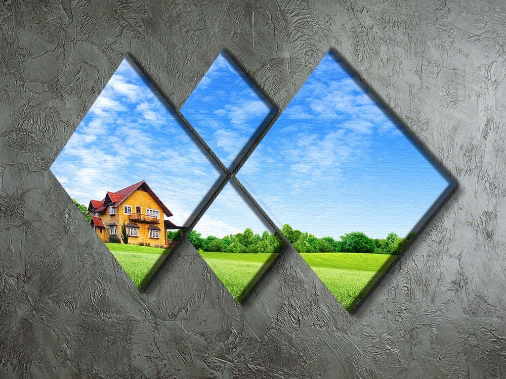 A beautiful 4-square multi panel canvas featuring a house on a lush green field, showcasing vibrant colors and intricate details.