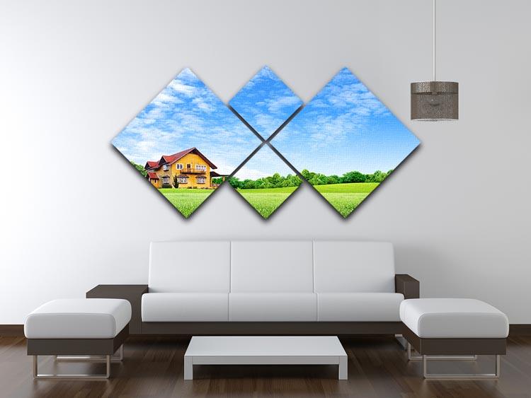 A beautiful 4-square multi panel canvas featuring a house on a lush green field, showcasing vibrant colors and intricate details.