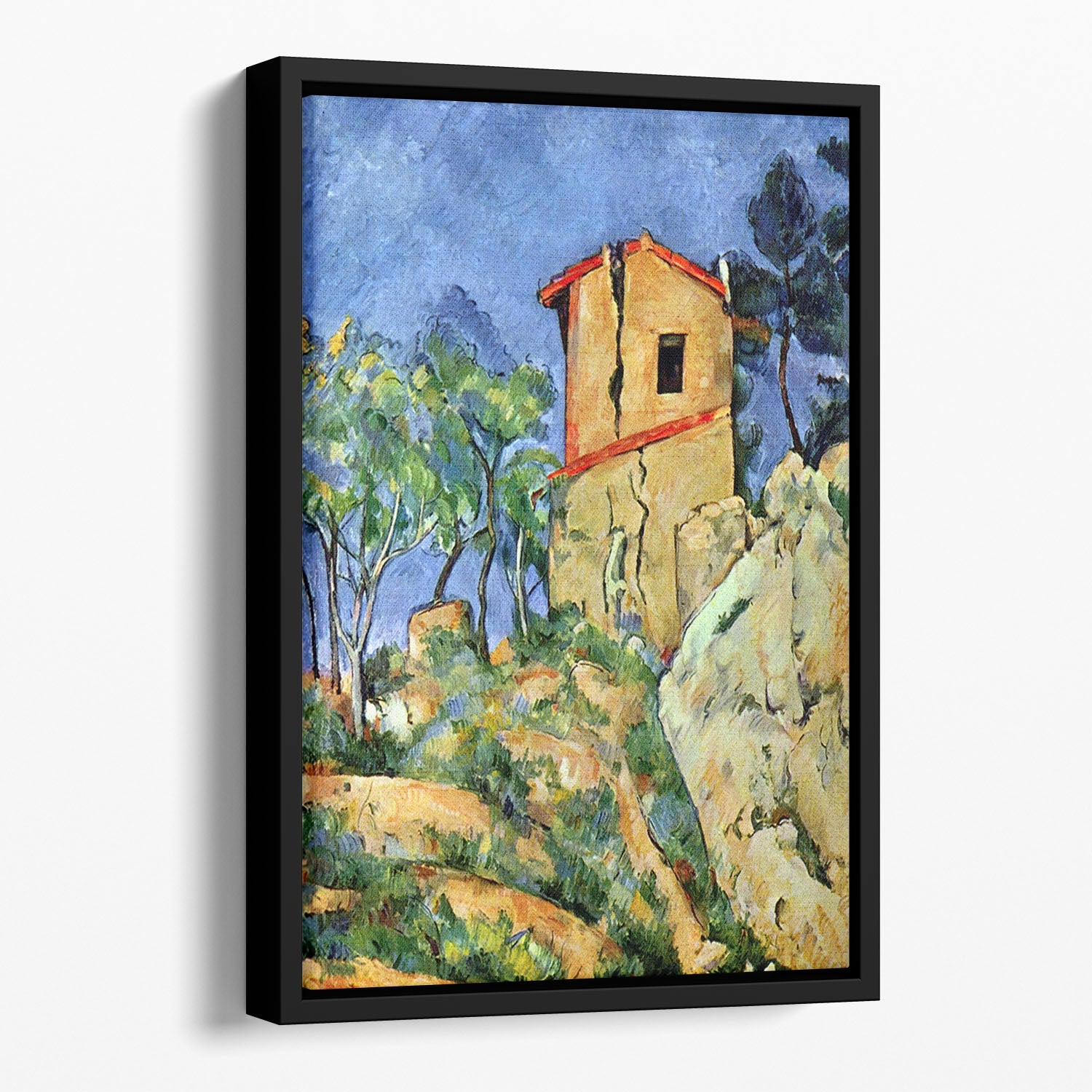 Floating framed canvas art featuring Cezanne's House with Walls, showcasing vibrant colors and abstract design.