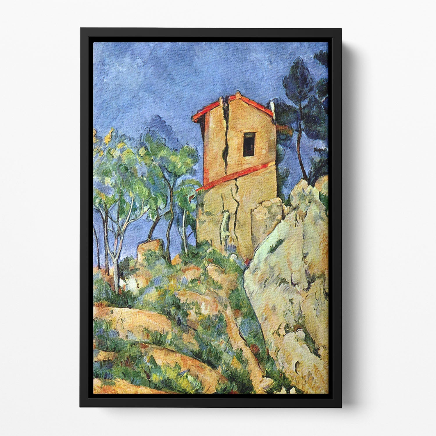 Floating framed canvas art featuring Cezanne's House with Walls, showcasing vibrant colors and abstract design.