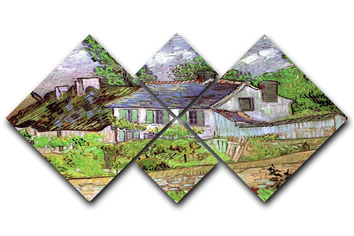 A 4-square multi-panel canvas featuring Van Gogh's Houses in Auvers 2, showcasing vibrant colors and intricate brushwork.