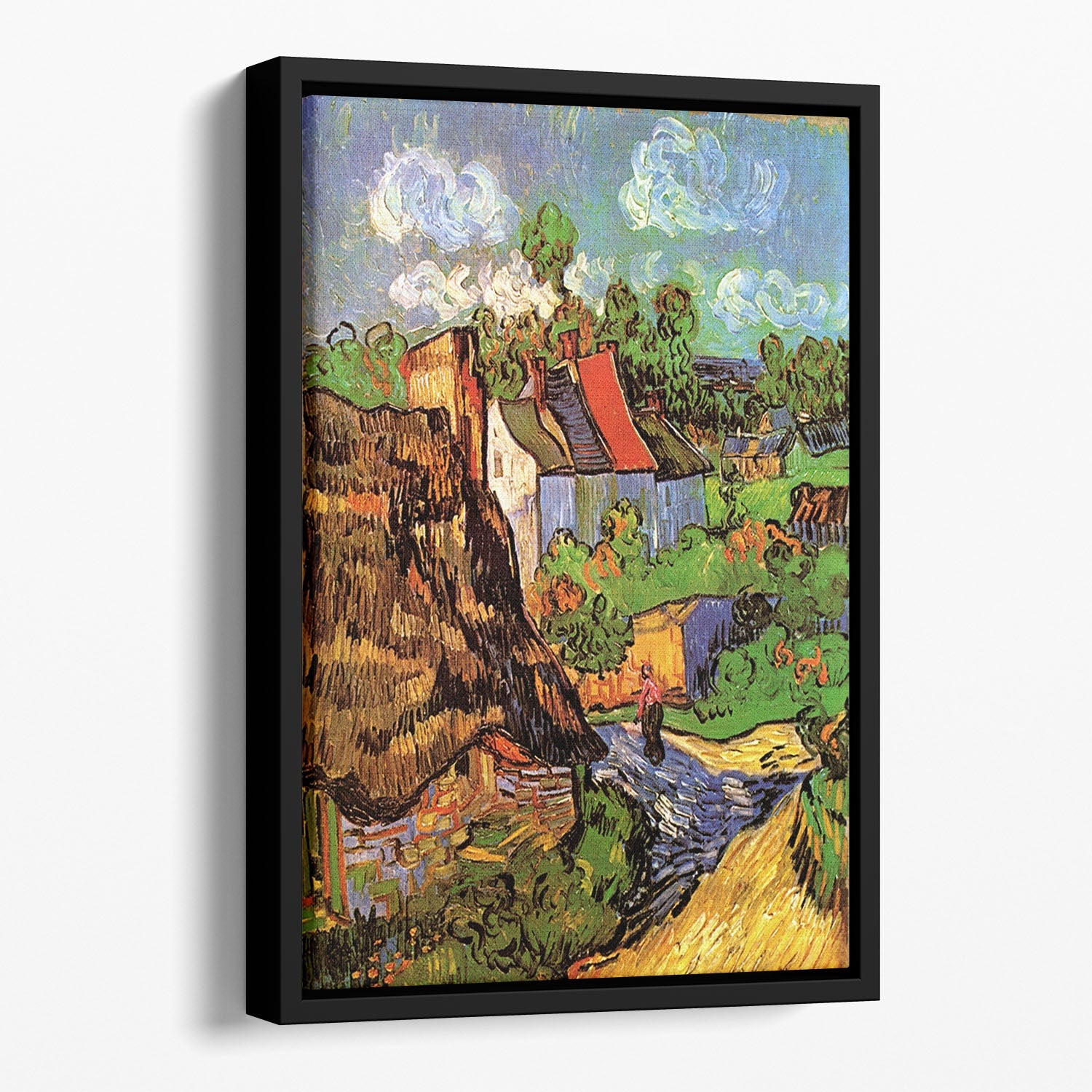 Floating framed canvas of Van Gogh's Houses in Auvers, showcasing vibrant colors and elegant design.