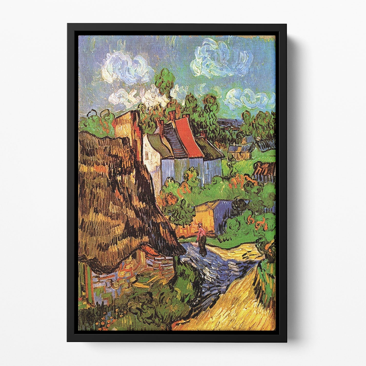 Floating framed canvas of Van Gogh's Houses in Auvers, showcasing vibrant colors and elegant design.