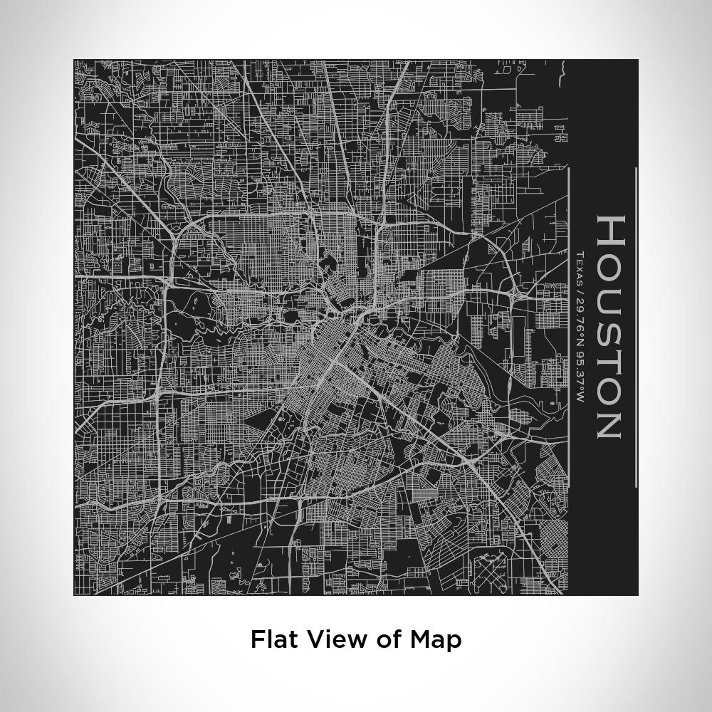 Custom engraved Houston Texas map tumbler in matte black, showcasing coordinates and a sleek design.