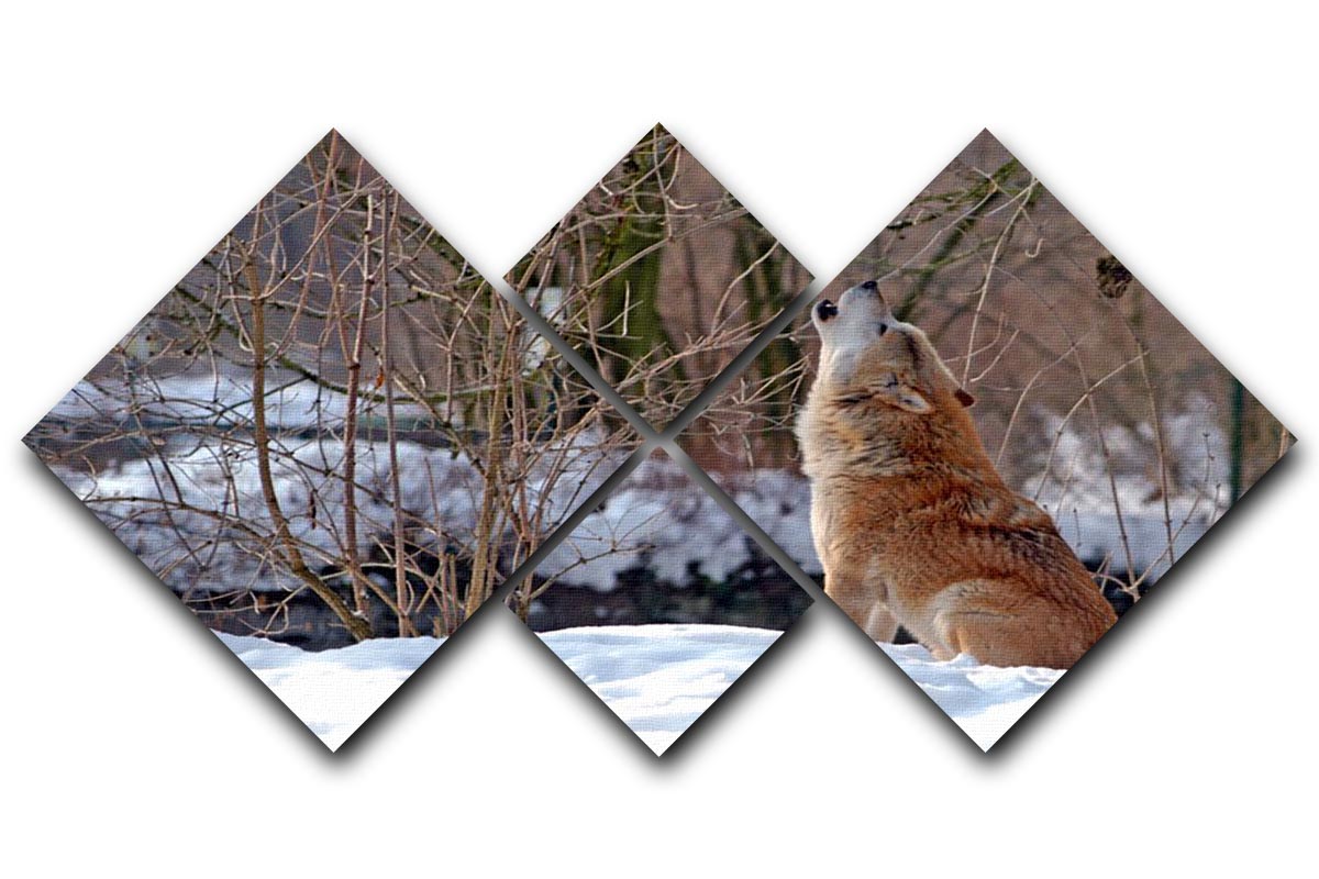 A stunning multi-panel canvas artwork featuring a howling wolf in a serene winter landscape, divided into four equal square sections.