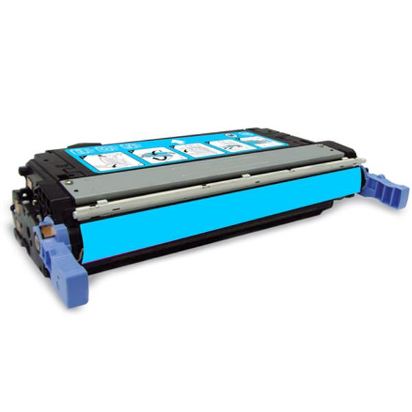 HP Compatible Q5951A 643A 644A 6461A Cyan Premium Generic Toner cartridge, showcasing vibrant cyan color and remanufactured design.