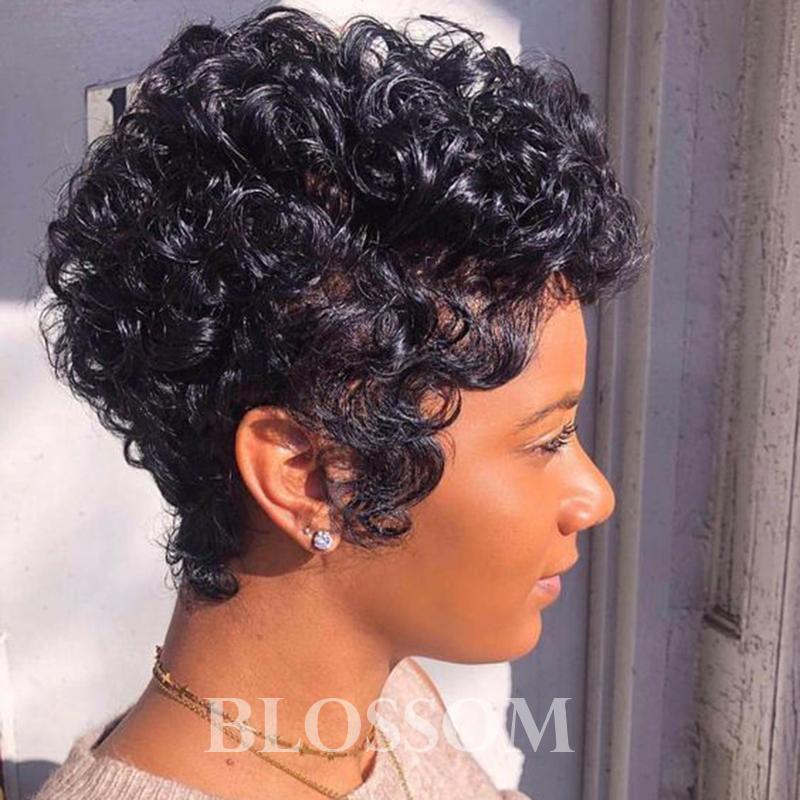 A stylish short curly wig made from 100% Brazilian human hair, designed for Black women, showcasing a natural look and comfortable fit.