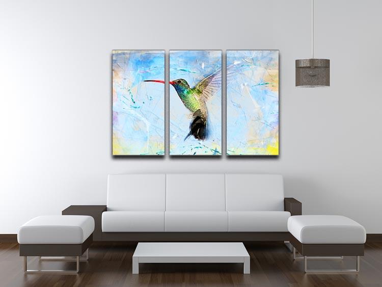 A beautiful 3-panel canvas print featuring a vibrant hummingbird, perfect for enhancing home decor.
