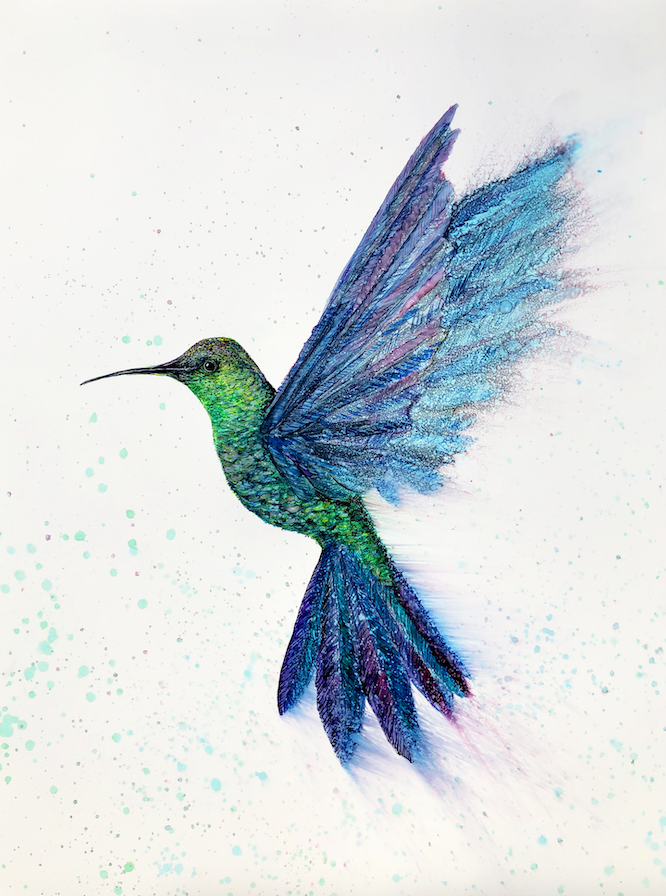 A vibrant art print of a hummingbird in flight, showcasing intricate details and colors created with alcohol inks.