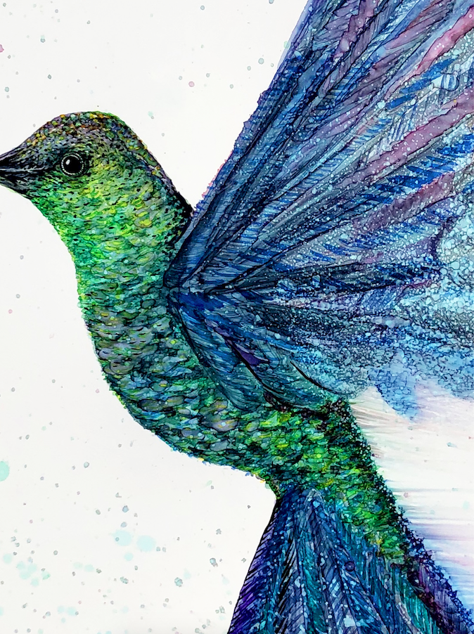 A vibrant art print of a hummingbird in flight, showcasing intricate details and colors created with alcohol inks.