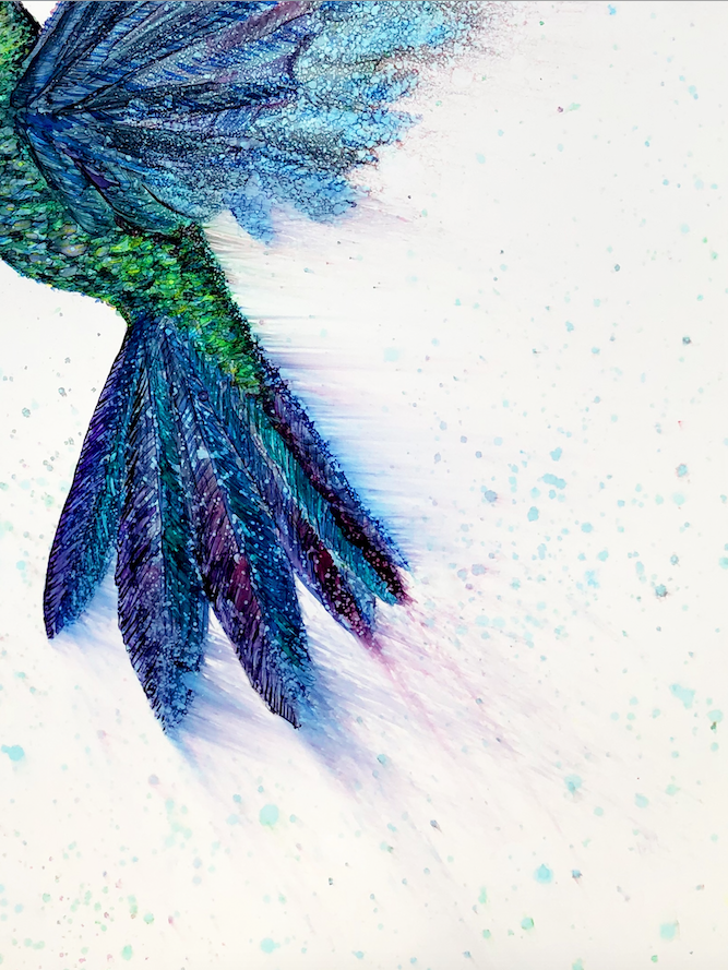 A vibrant art print of a hummingbird in flight, showcasing intricate details and colors created with alcohol inks.