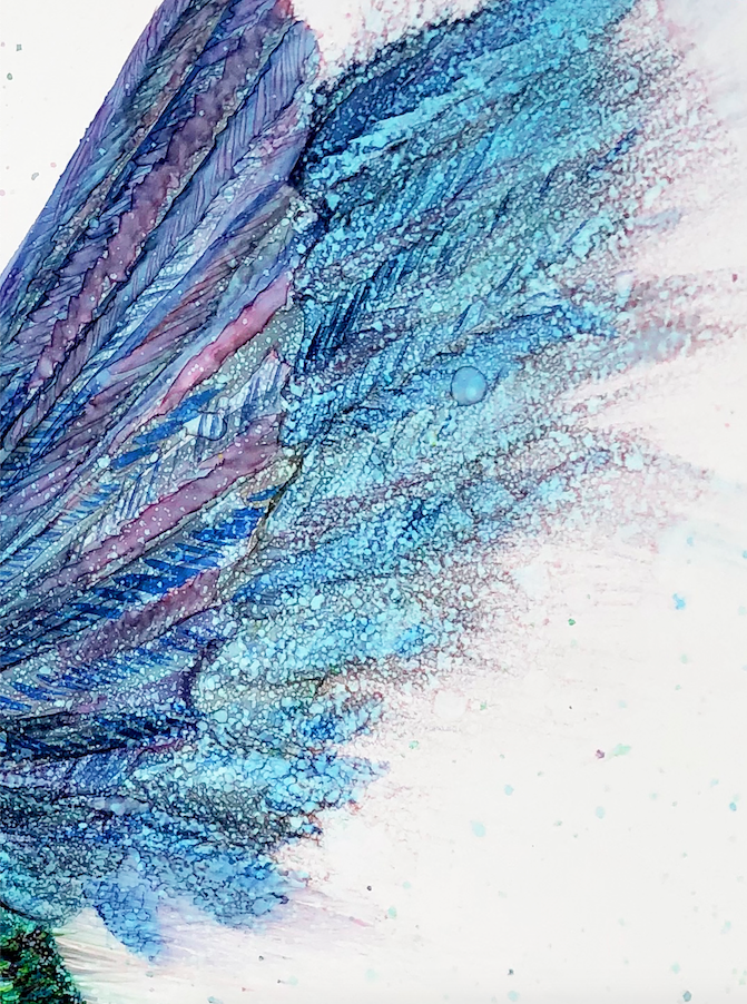 A vibrant art print of a hummingbird in flight, showcasing intricate details and colors created with alcohol inks.