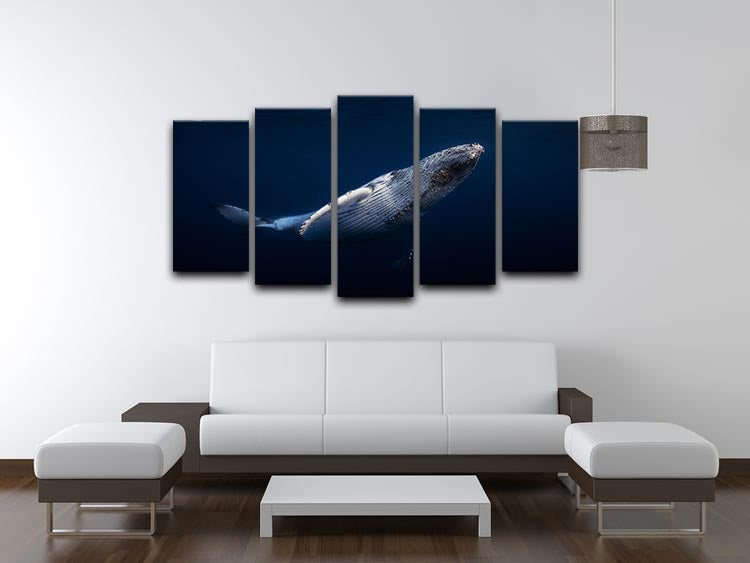 A stunning 5-panel canvas artwork featuring a humpback whale, showcasing vibrant colors and dynamic design.