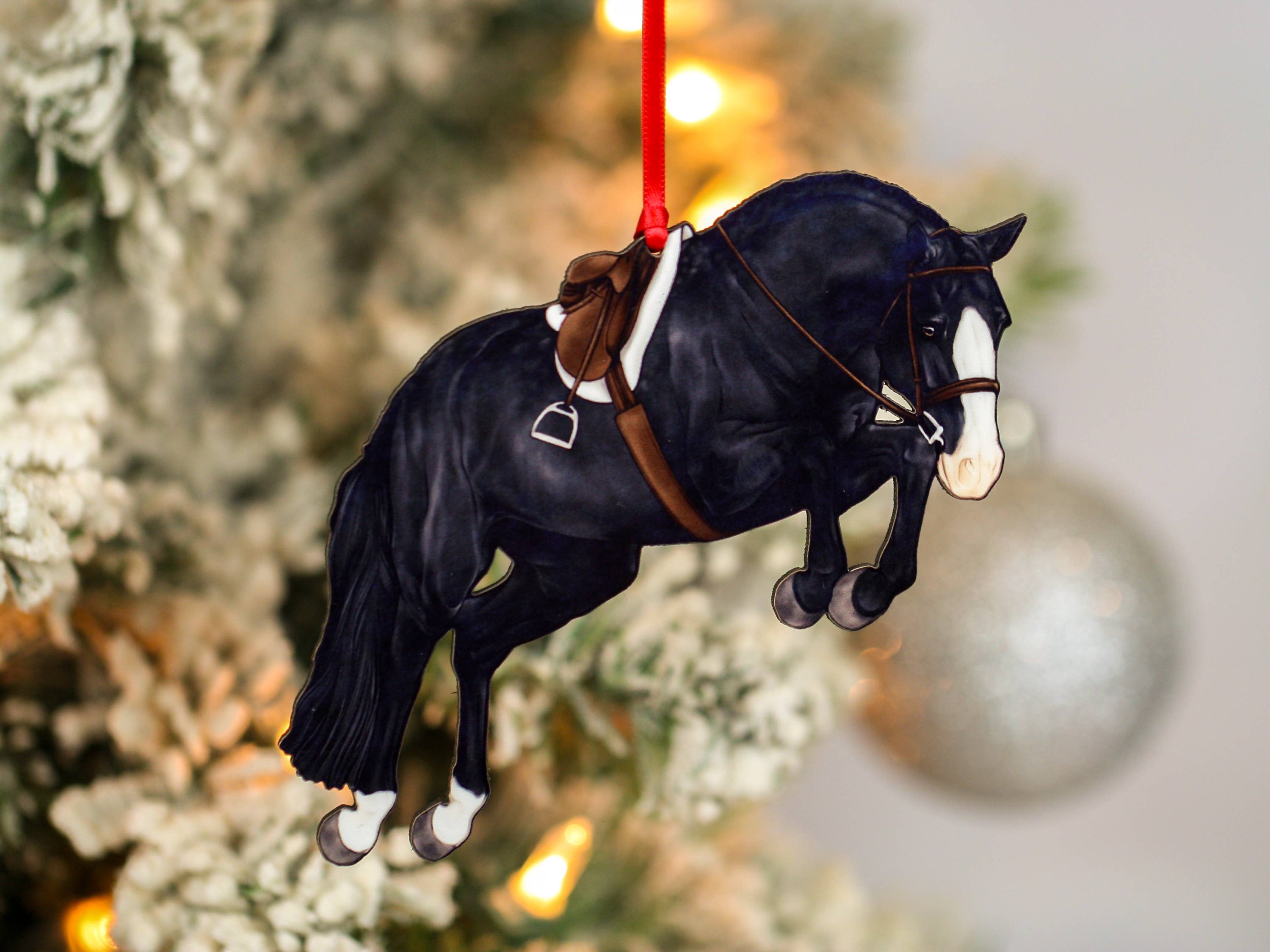 Hunter Jumper Horse Christmas Ornament featuring a black sport horse with red and black ribbons, handmade from composite wood.