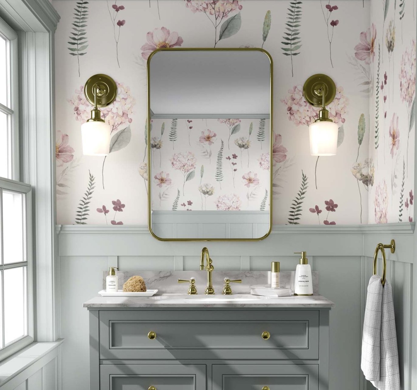 Hydrangea Watercolor Wallpaper in Spring Pink, showcasing floral design on a smooth wall.