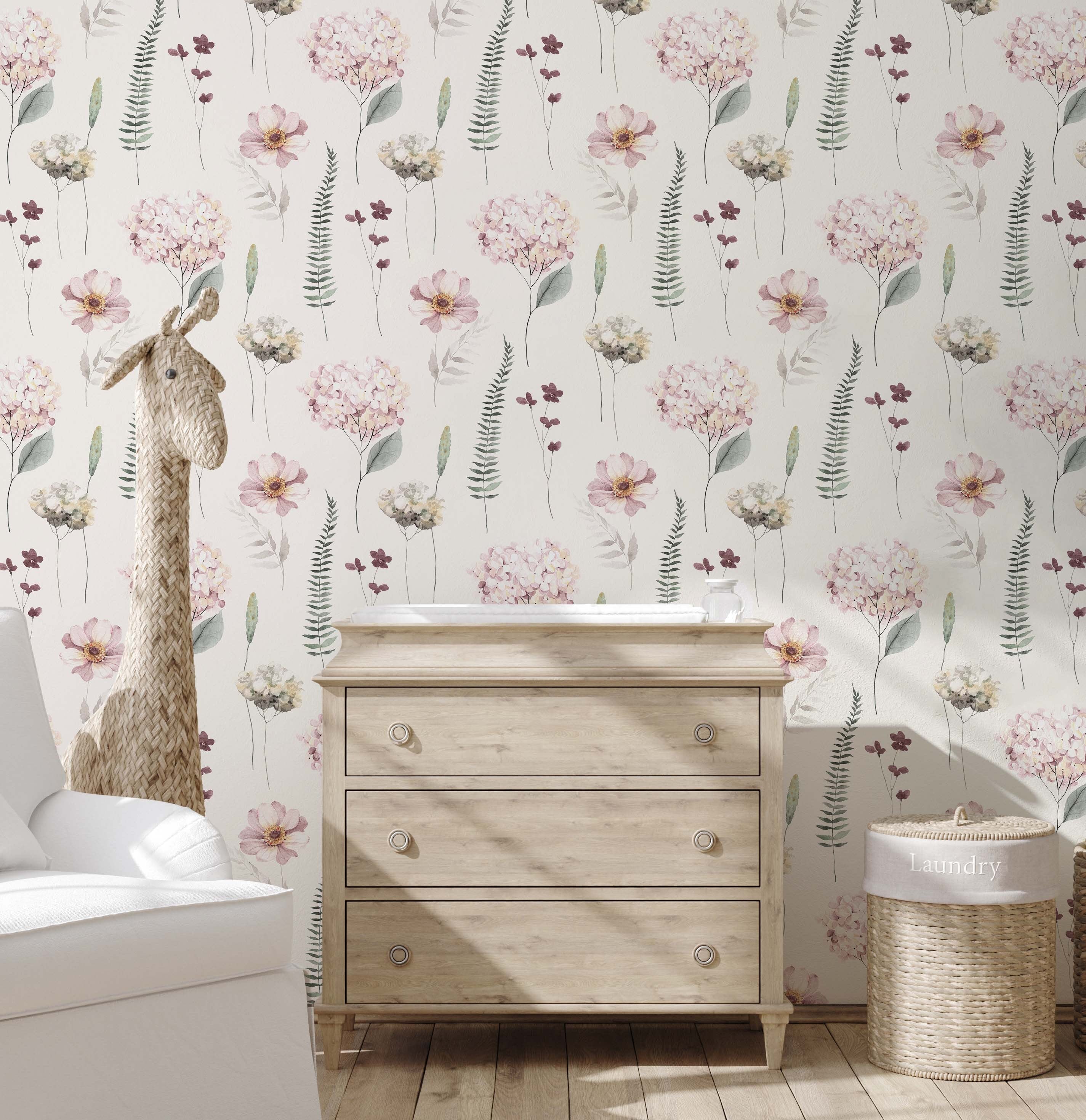 Hydrangea Watercolor Wallpaper in Spring Pink, showcasing floral design on a smooth wall.
