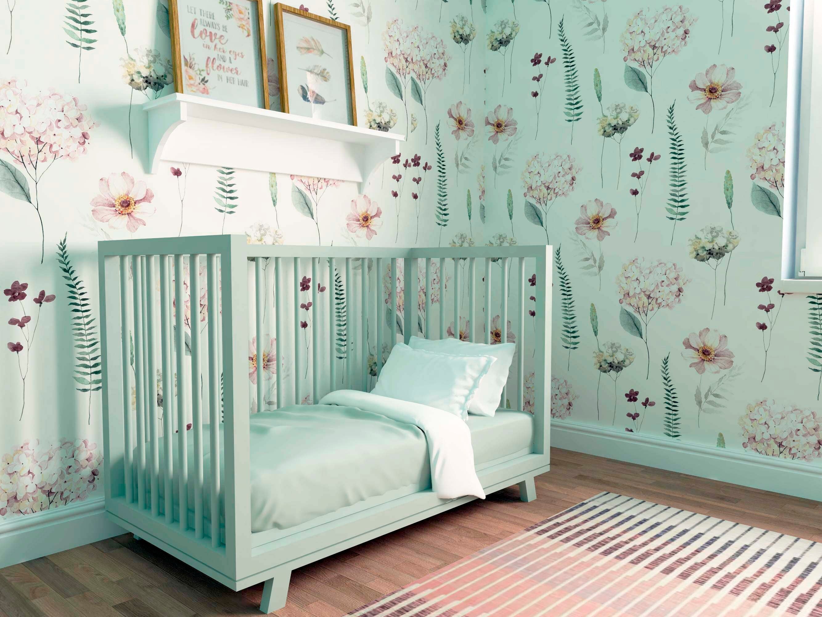 Hydrangea Watercolor Wallpaper in Spring Pink, showcasing floral design on a smooth wall.