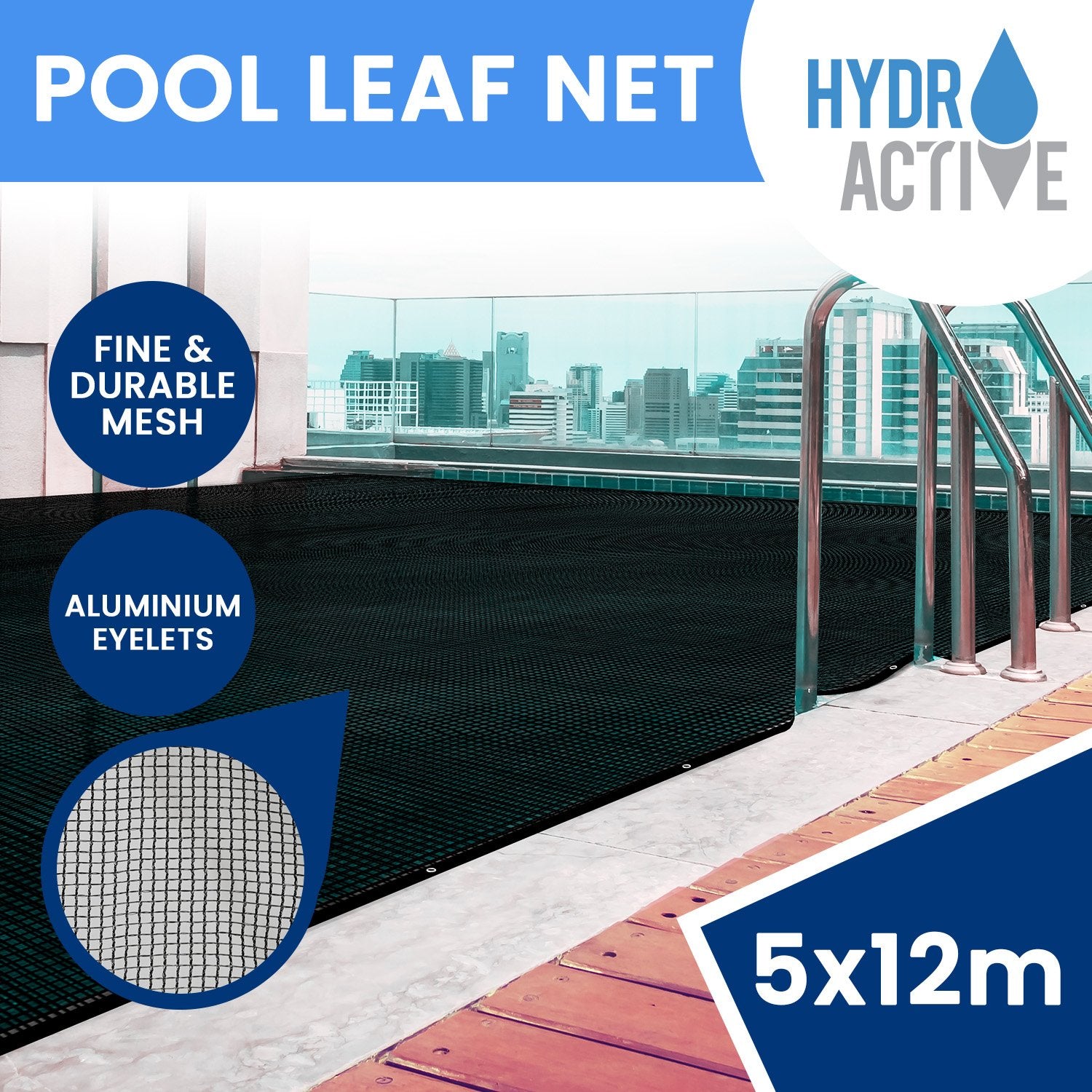 HydroActive Swimming Pool Net measuring 5 x 12m, designed for effective debris removal with durable UV-treated polyethylene and strong aluminium eyelets.