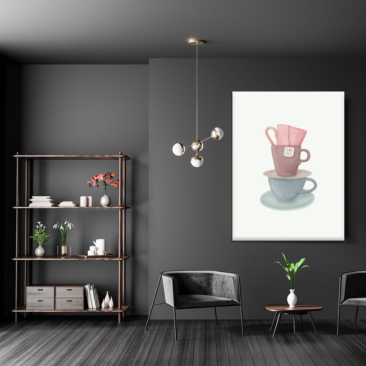 I Love TEA canvas print featuring elegant typography and tea-themed design, perfect for home decor.