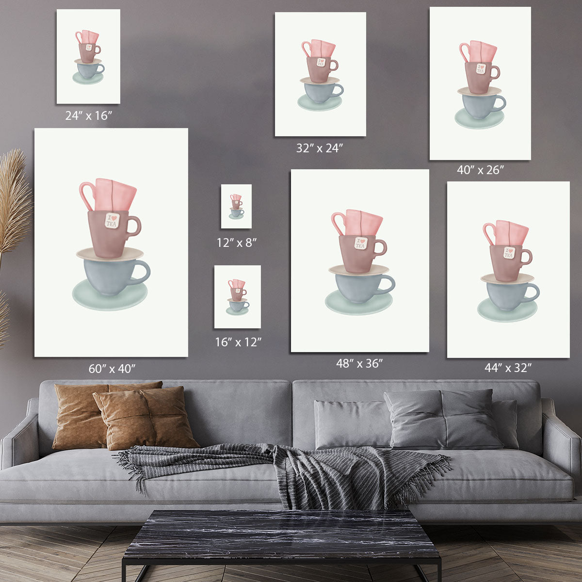 I Love TEA canvas print featuring elegant typography and tea-themed design, perfect for home decor.