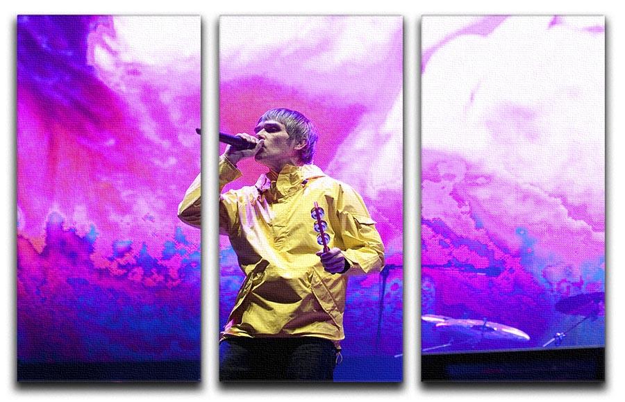 Ian Brown of the Stone Roses performing on stage, depicted in a stunning 3-panel canvas print, showcasing vibrant colors and intricate details.