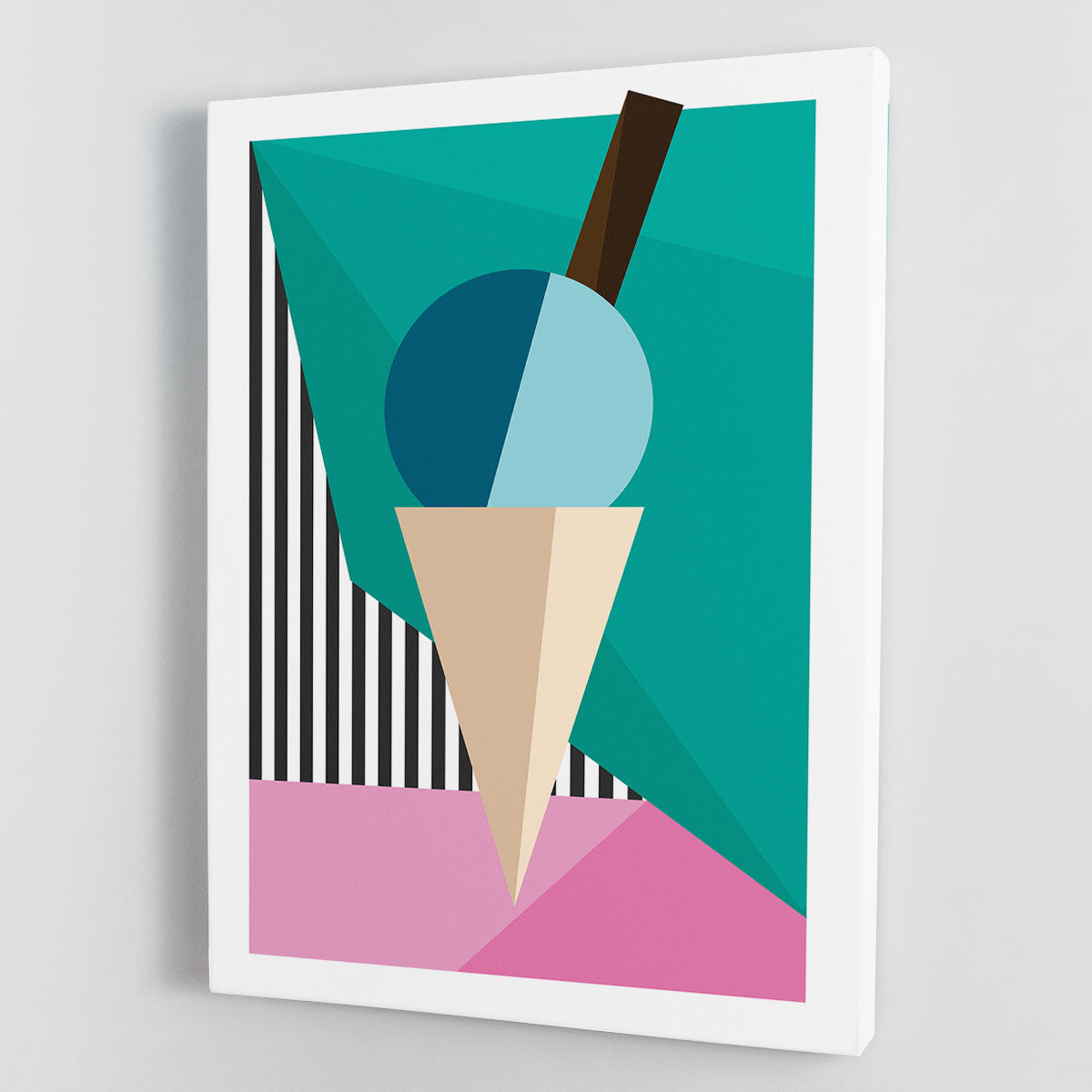A vibrant ice cream canvas print featuring colorful scoops of ice cream in a cone, perfect for home decor.