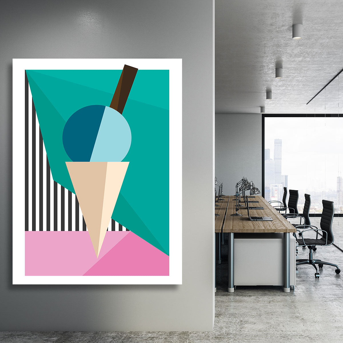 A vibrant ice cream canvas print featuring colorful scoops of ice cream in a cone, perfect for home decor.