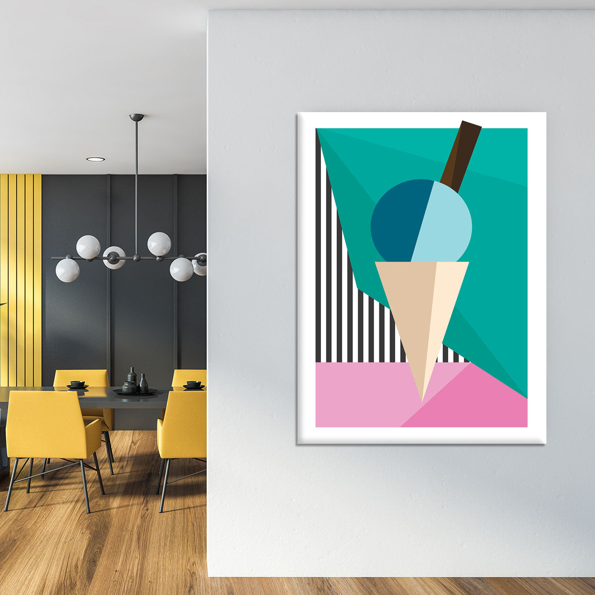 A vibrant ice cream canvas print featuring colorful scoops of ice cream in a cone, perfect for home decor.