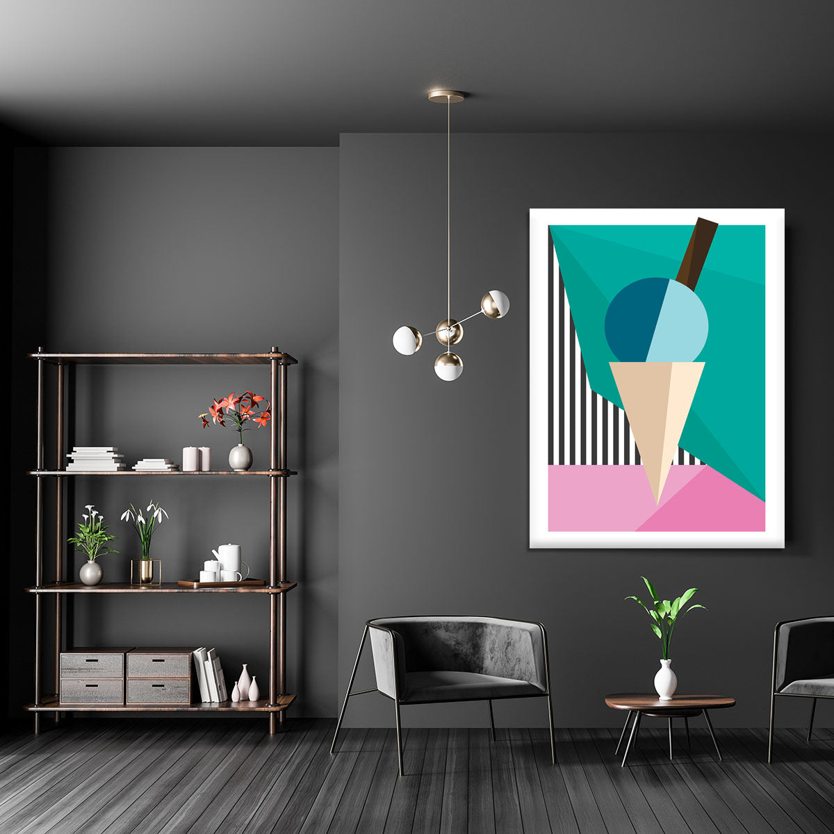 A vibrant ice cream canvas print featuring colorful scoops of ice cream in a cone, perfect for home decor.