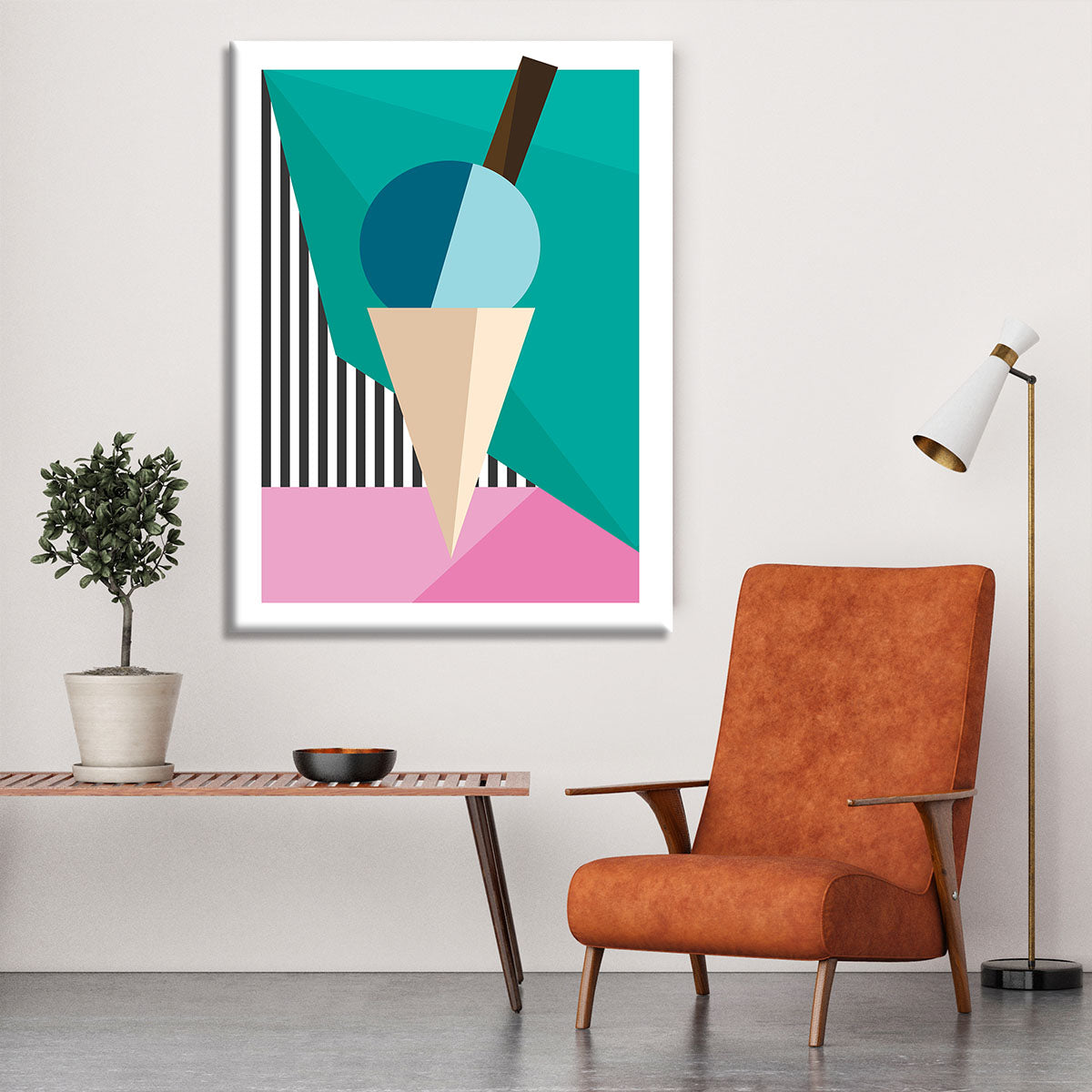 A vibrant ice cream canvas print featuring colorful scoops of ice cream in a cone, perfect for home decor.