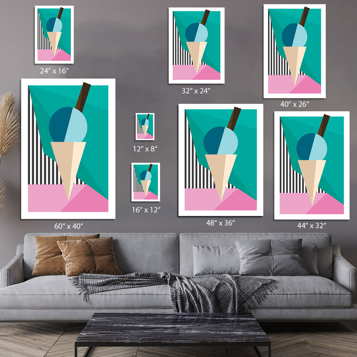 A vibrant ice cream canvas print featuring colorful scoops of ice cream in a cone, perfect for home decor.