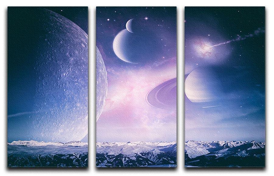 Three-panel canvas print featuring ice worlds and planets, showcasing vibrant colors and intricate details.