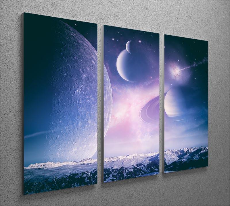 Three-panel canvas print featuring ice worlds and planets, showcasing vibrant colors and intricate details.