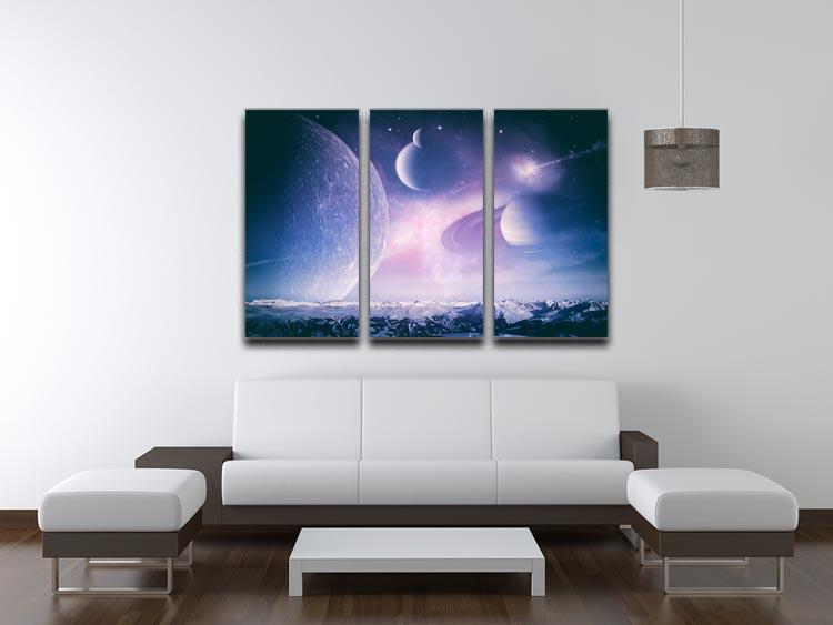 Three-panel canvas print featuring ice worlds and planets, showcasing vibrant colors and intricate details.