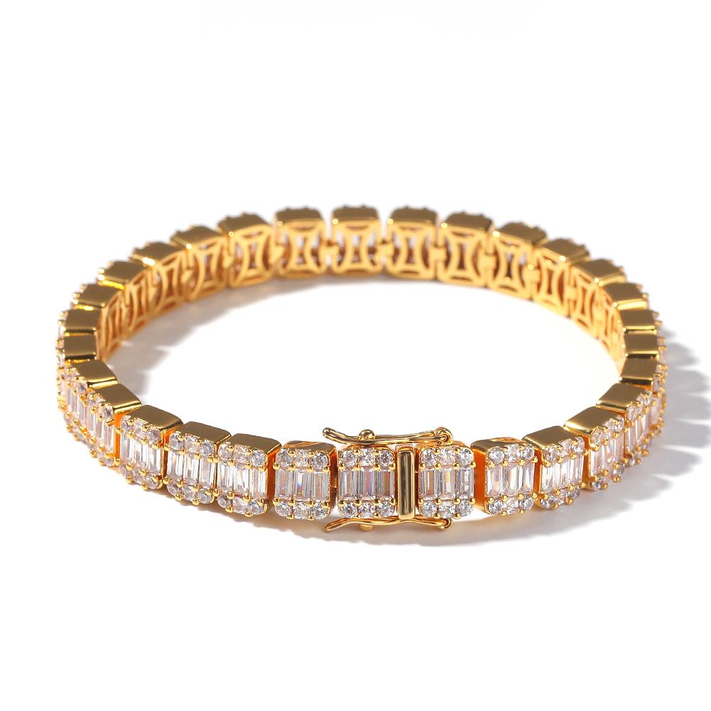 Iced Out Baguette Cluster Bracelet featuring cubic zirconia stones, plated in 18K gold and silver, designed for hip hop style.