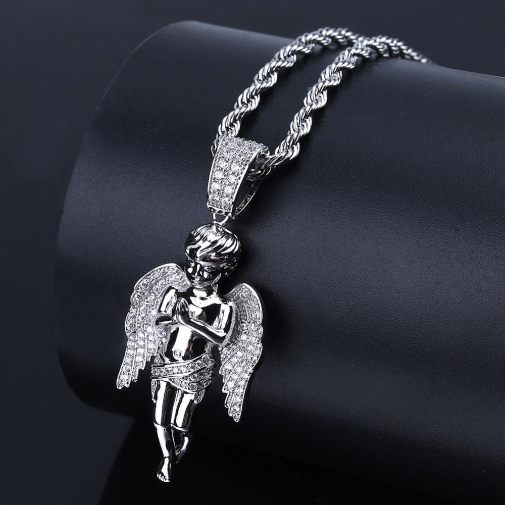 Iced Out CZ Stone Angel Pendant Necklace in golden and silver colors, featuring a sparkling angel design with cubic zirconia stones.