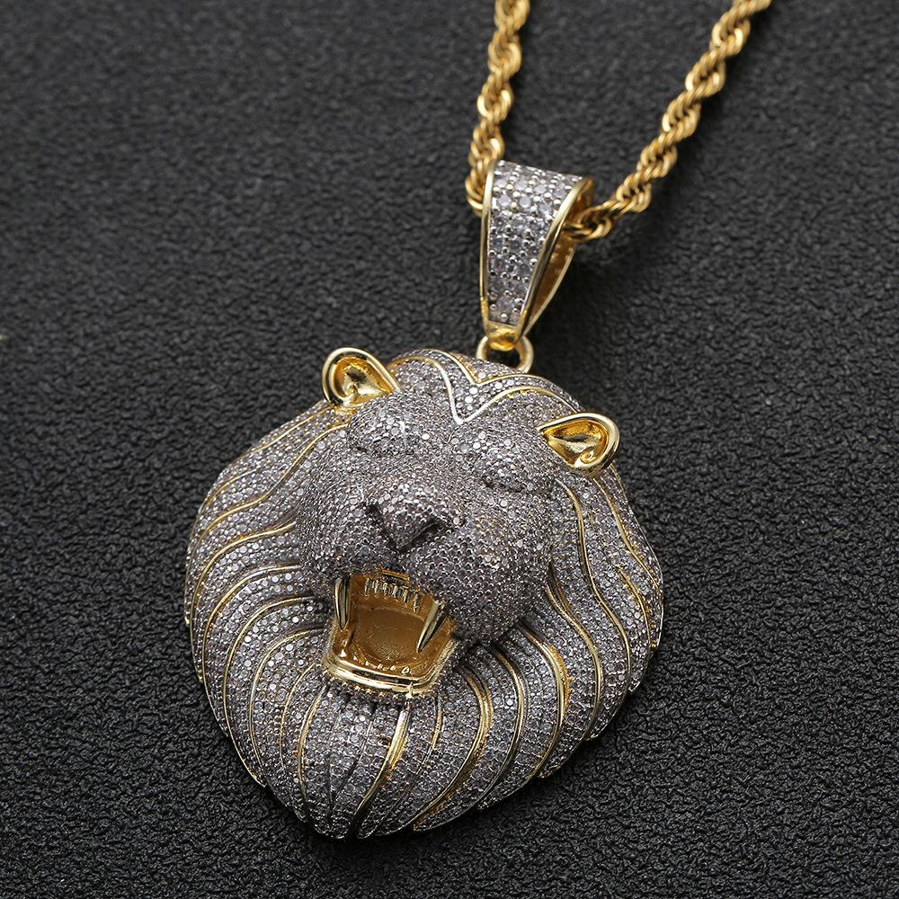 Iced Out Micro Pave Cubic Zircon Hiphop Lion Head Pendant Necklace showcasing intricate design and sparkling stones.