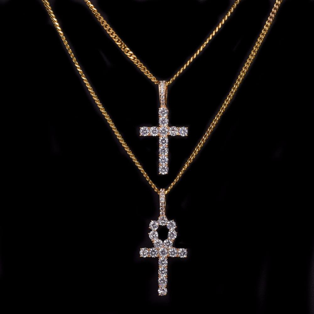 Iced Zircon Ankh Cross Necklace Set featuring gold, silver, and copper materials with a sparkling cubic zirconia pendant.