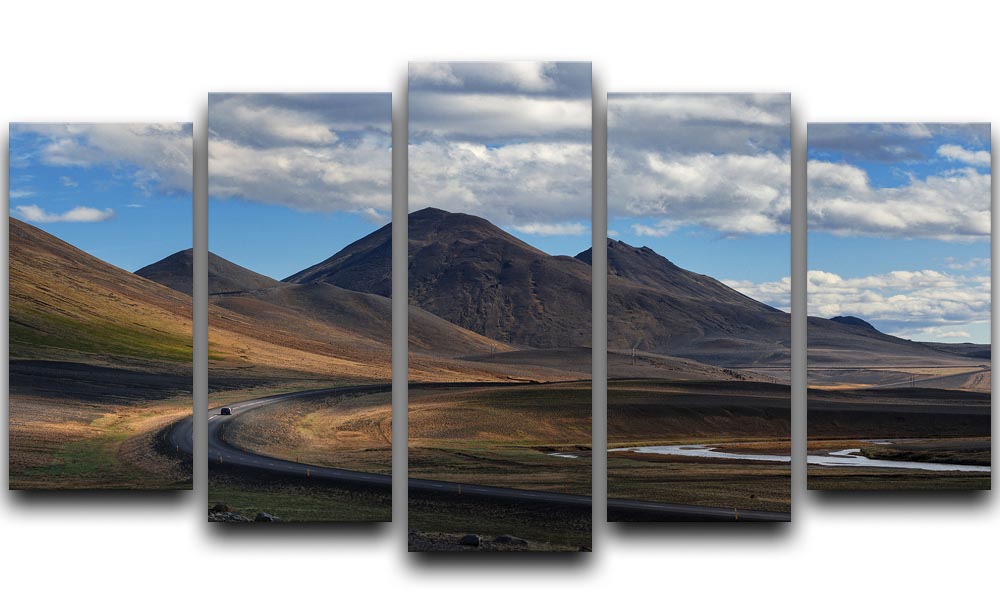 Iceland 5 Split Panel Canvas artwork featuring a stunning landscape divided into five panels, showcasing vibrant colors and intricate details.