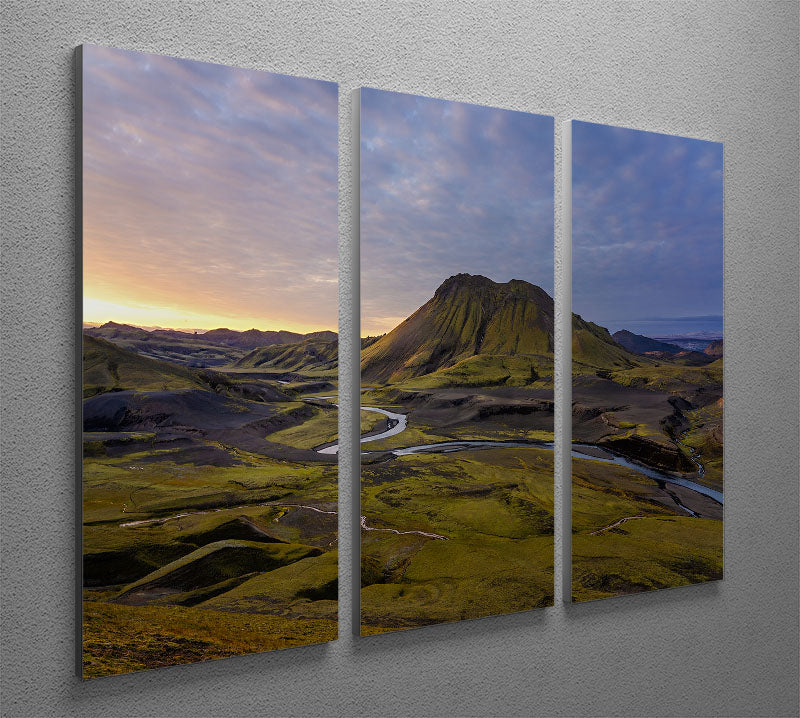Iceland Highlands 3 Split Panel Canvas Print showcasing stunning landscapes in three panels, perfect for home decor.